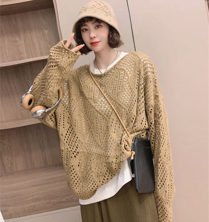 Damen Strickpullover Luftig Netzdesign Beige