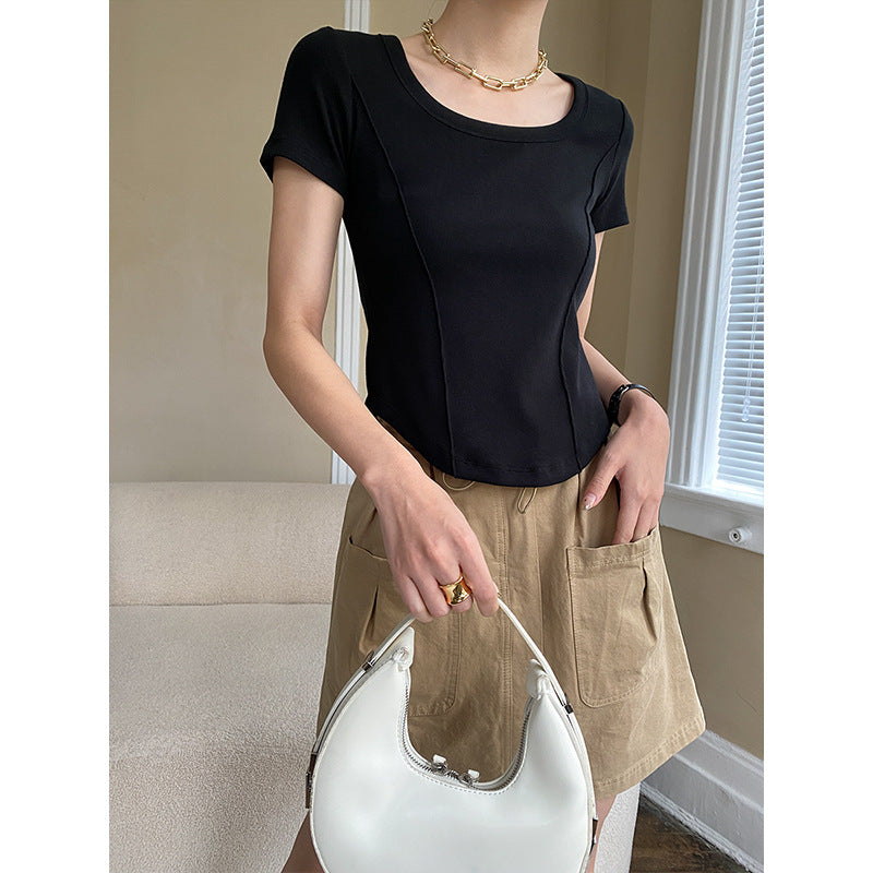 Damen Ripp-T-Shirt Rundhalsausschnitt Figurbetont Eveloria