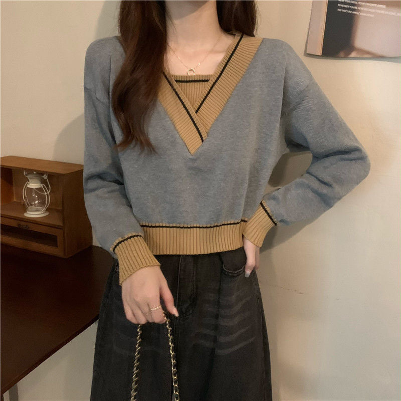 Damen Pullover V-Ausschnitt mit Kontrastdetails