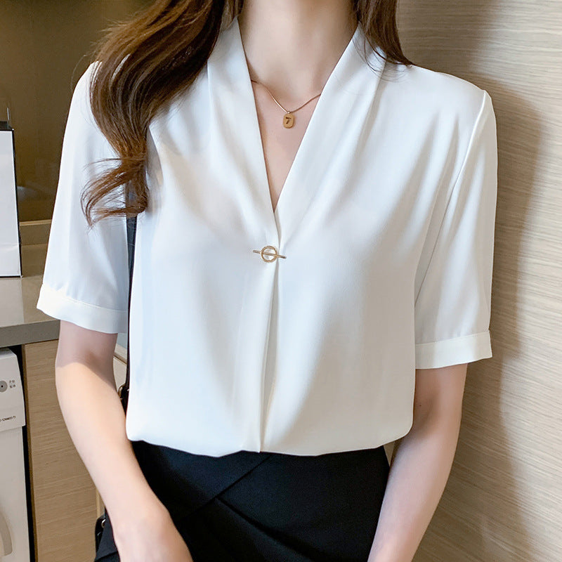Damen Bluse V-Ausschnitt Pin-Verschluss Elegantes Design