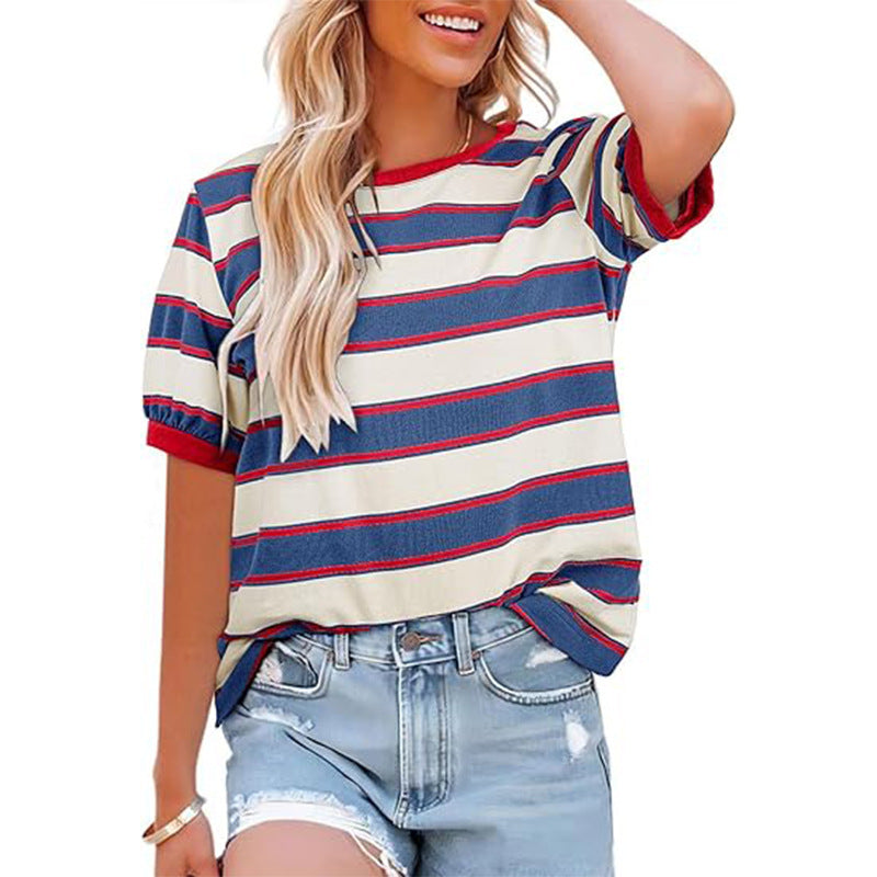 Damen T-Shirt Gestreift Rundhals Baumwolle Weiß/