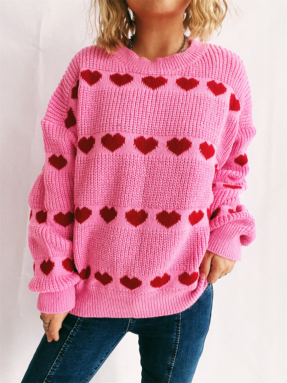 Damen Pullover Romantisches Herzmuster Kuschelfleece