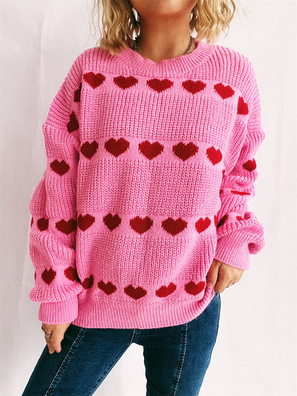 Damen Pullover Romantisches Herzmuster Kuschelfleece