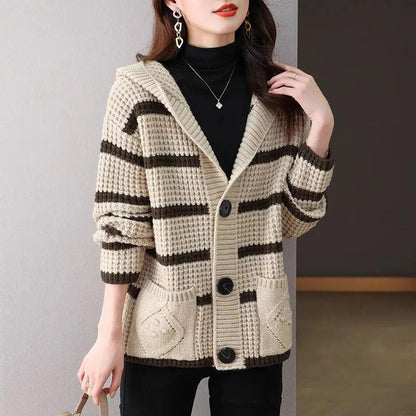 Damen Strickjacke Streifen Kapuze Große Taschen Eveloria