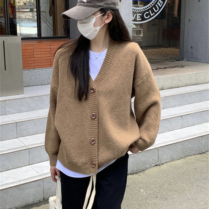 Damen Oversized Strickjacke Große Knöpfe Lässiger Schnitt Beige