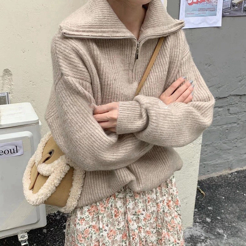Damen Strickpullover Halb-Reißverschluss Hochkragen Eveloria