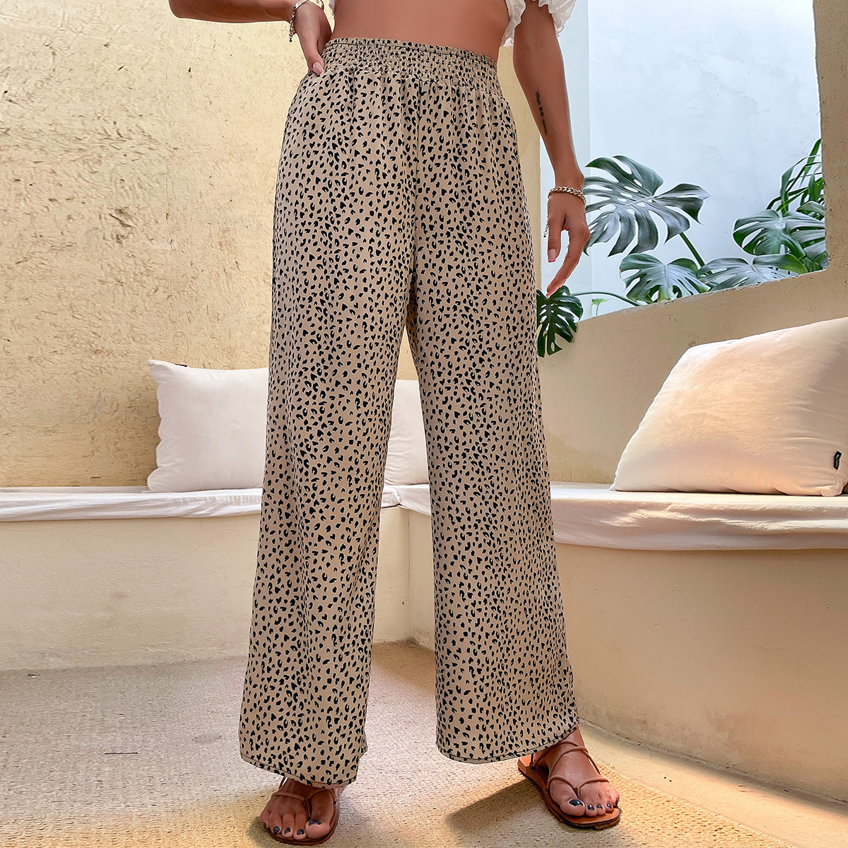 Damen Sommerhose Elastischer Bund Animal-Print Beige - Eveloria