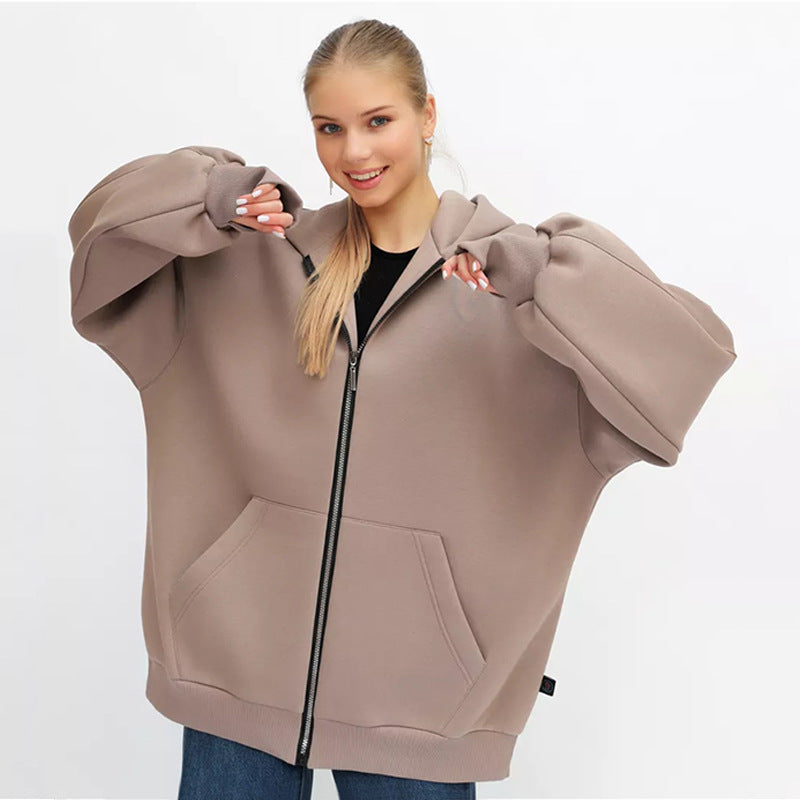 Damen Oversized Kapuzenjacke Hoch Bündchen Reißverschluss Eveloria