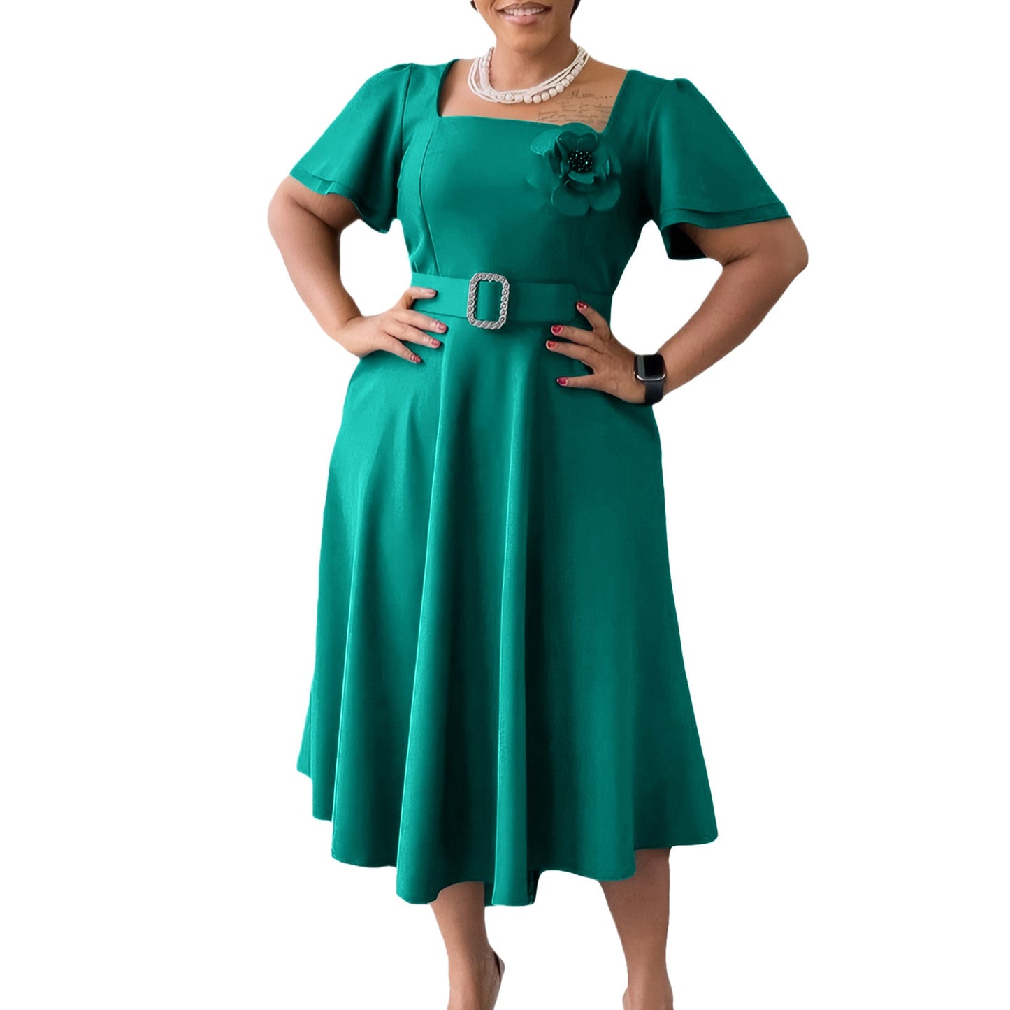 Damen Midi Kleid Geraffter Ausschnitt Breiter Gürtel Eveloria