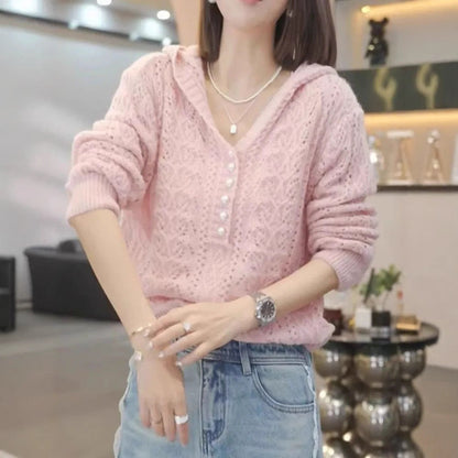 Damen Strickpullover Kapuze Edelknöpfe Eveloria