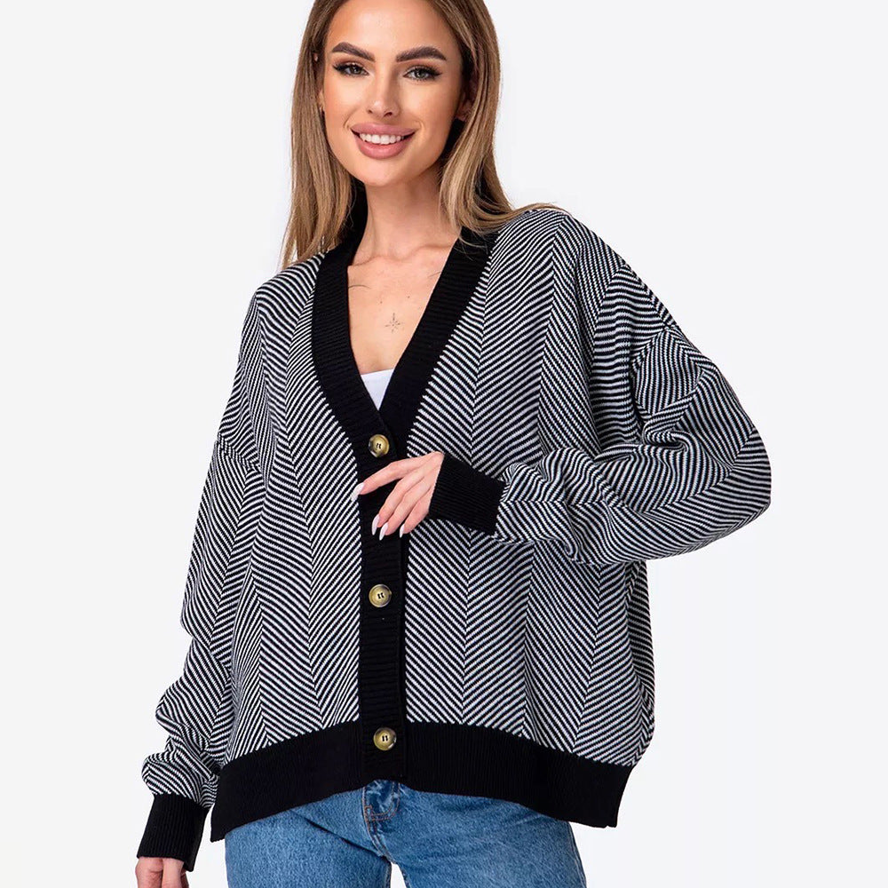 Damen Strickcardigan Chevron Muster Elegante Knöpfe