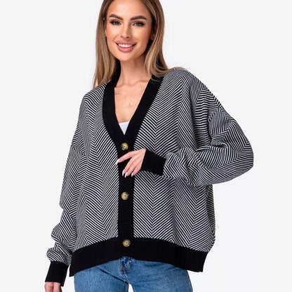 Damen Strickcardigan Chevron Muster Elegante Knöpfe