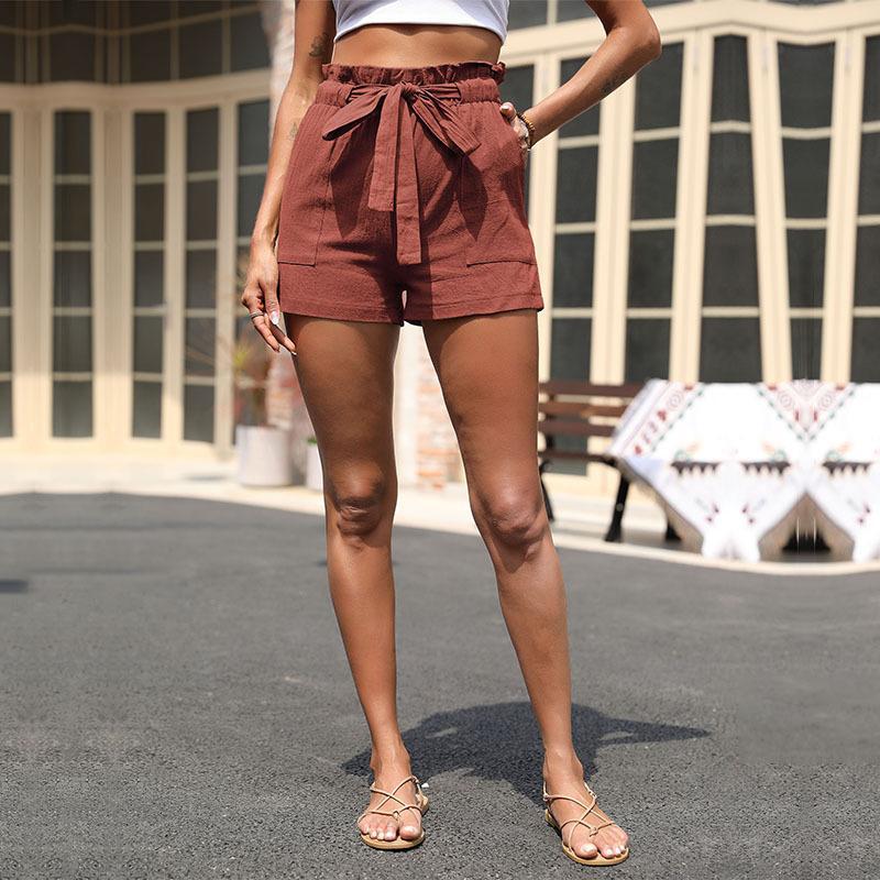 Damen Leinen-Shorts Elastischer Taillenzug Dekorativer Gürtel Beige