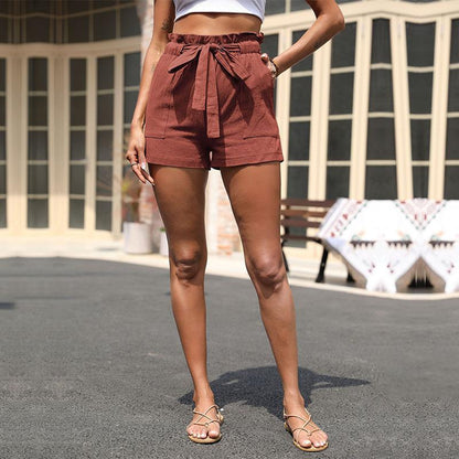 Damen Leinen-Shorts Elastischer Taillenzug Dekorativer Gürtel Beige