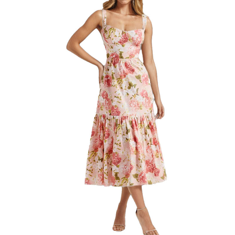Damen Blumenkleid Rüschensaum schmale Träger Eveloria