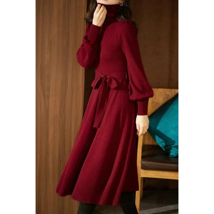 Damen Strickkleid Hohler Kragen Taillierter Gürtel