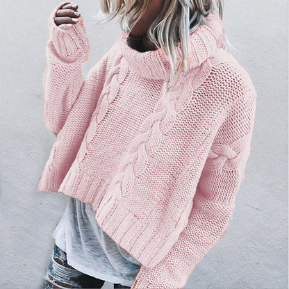 Damen Strickpullover Cropped Rollkragen Zopfmuster