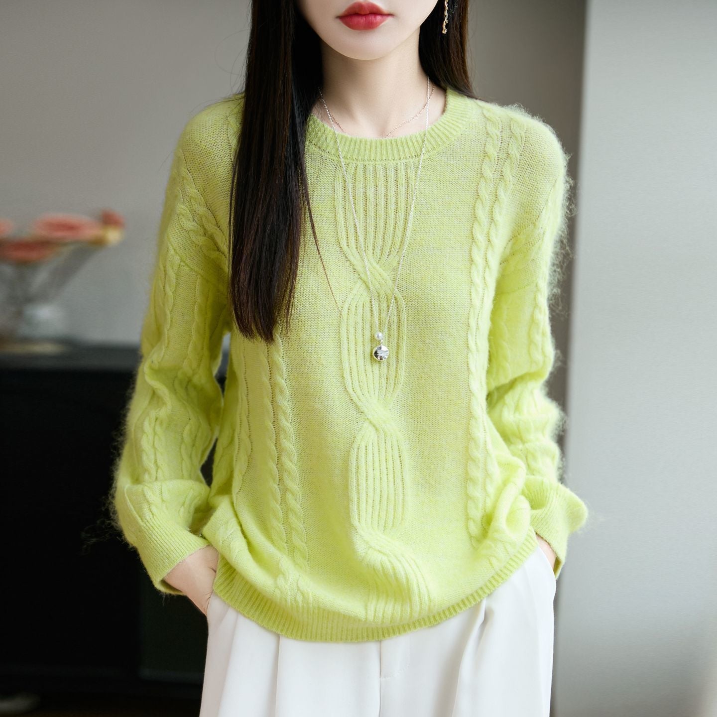 Damen Strickpullover Rundhalsausschnitt Zopfmuster
