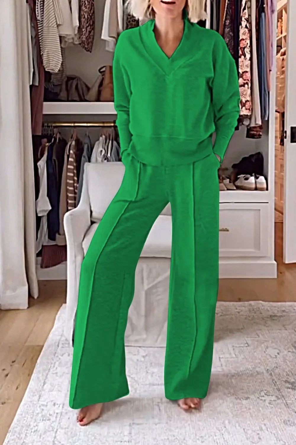 Damen Loungewear-Set V-Ausschnitt Weite Passform Eveloria