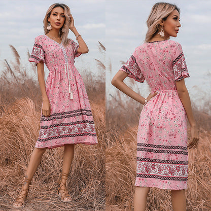 Damen Sommerkleid Boho florales Design Taillenzug