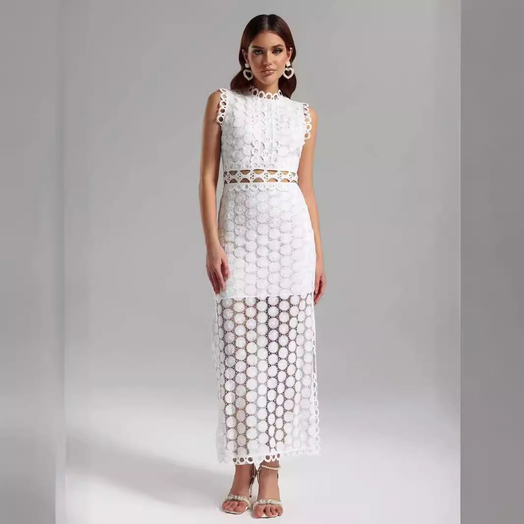 Damen Maxikleid Spitze Transparent Rüschendetails Schwarz - Eveloria