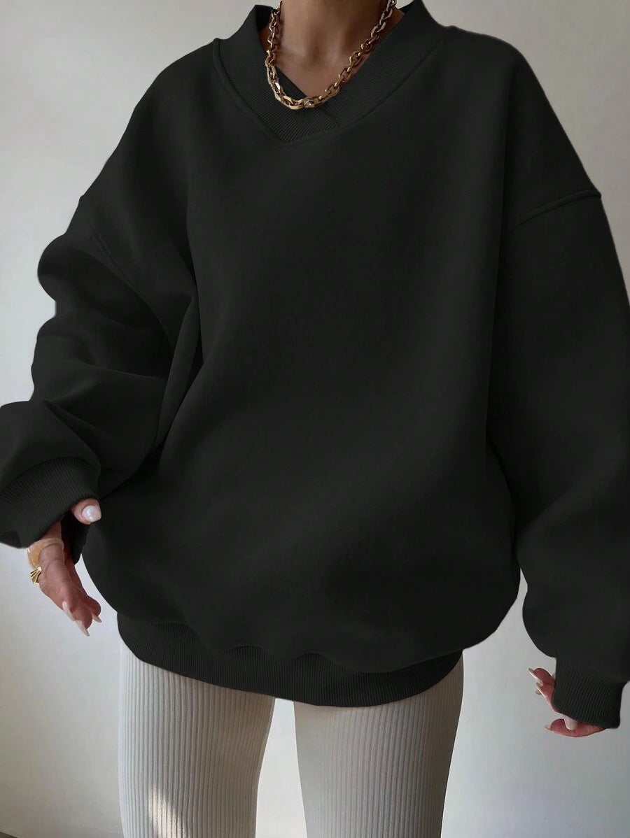 Damen Oversized Sweatshirt V-Ausschnitt Breiter Bund Eveloria