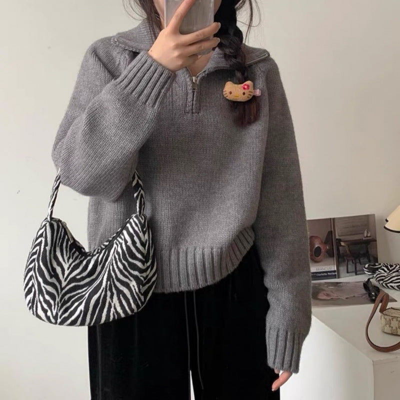 Damen Strickpullover Hochgeschlossen Reißverschluss Eveloria