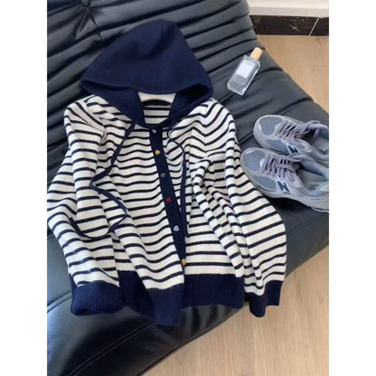Damen Strickjacke Kapuze Gestreift Eveloria - Eveloria