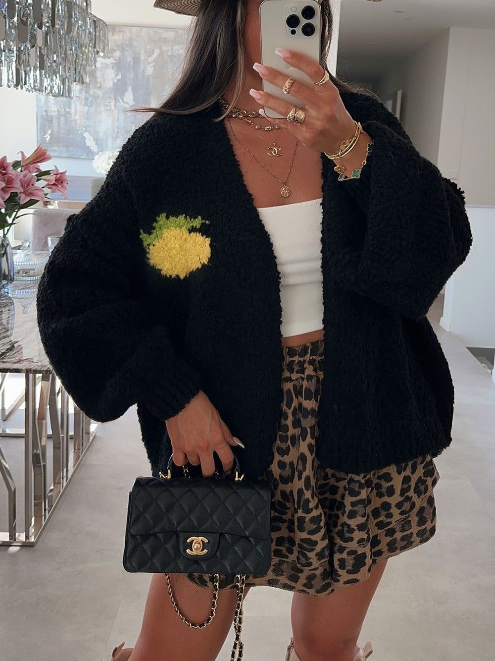 Damen Strickjacke Oversized Obstprint