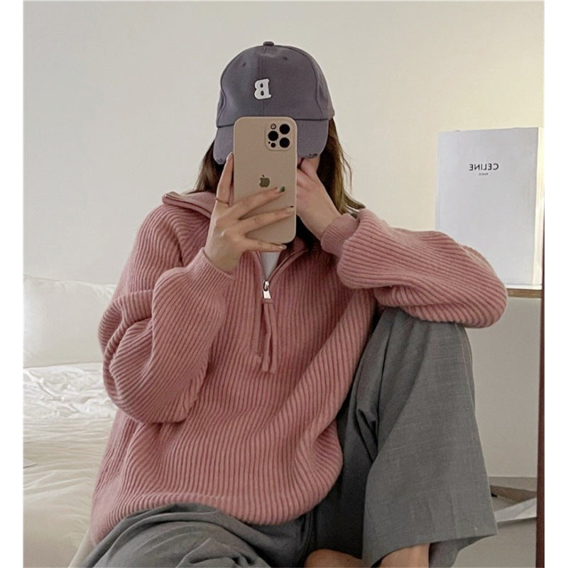 Damen Grobstrickpullover Reißverschluss Hoher Kragen Eveloria