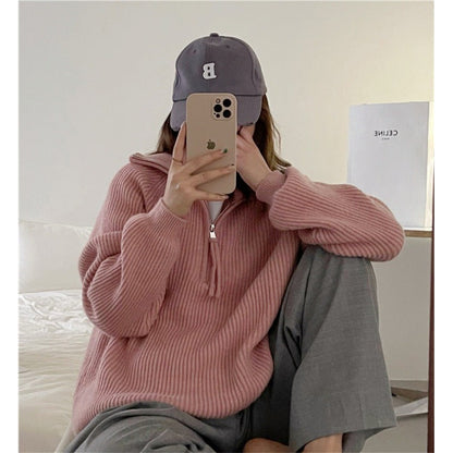 Damen Grobstrickpullover Reißverschluss Hoher Kragen Eveloria
