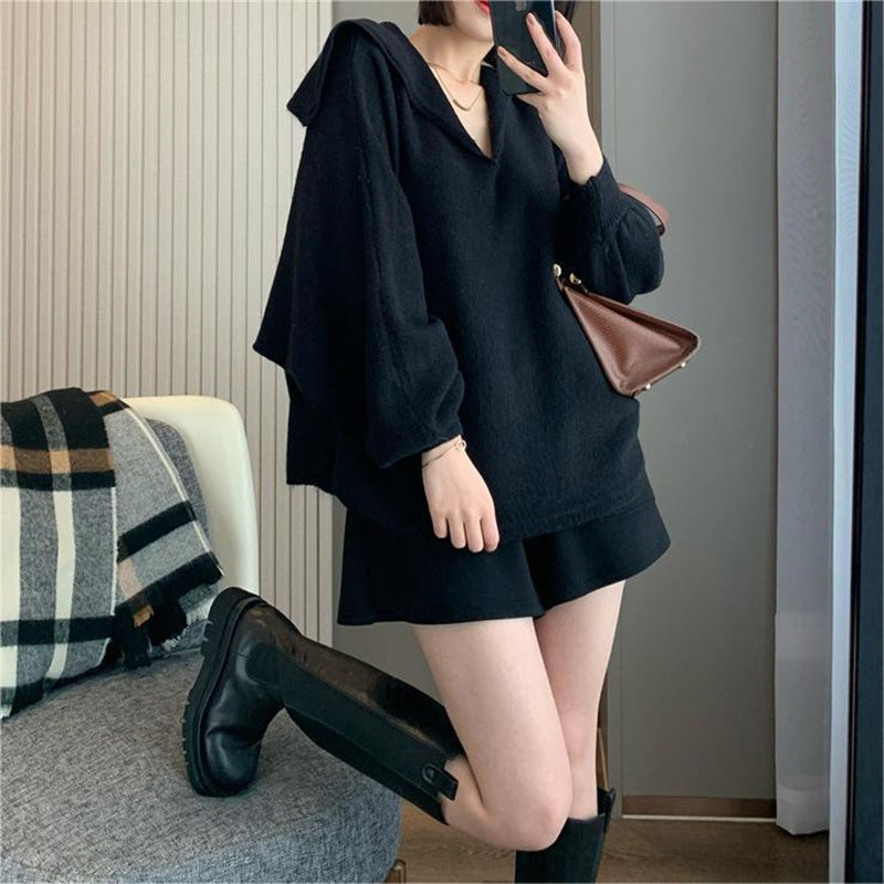 Damen Strickpullover Oversized V-Ausschnitt Kapuze Eveloria