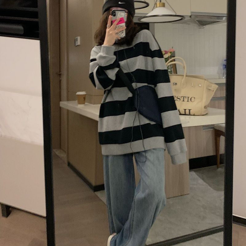 Damen Strickpullover Oversized Breitstreifen Gemütlich