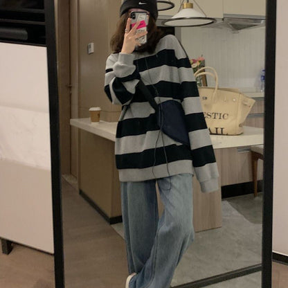 Damen Strickpullover Oversized Breitstreifen Gemütlich