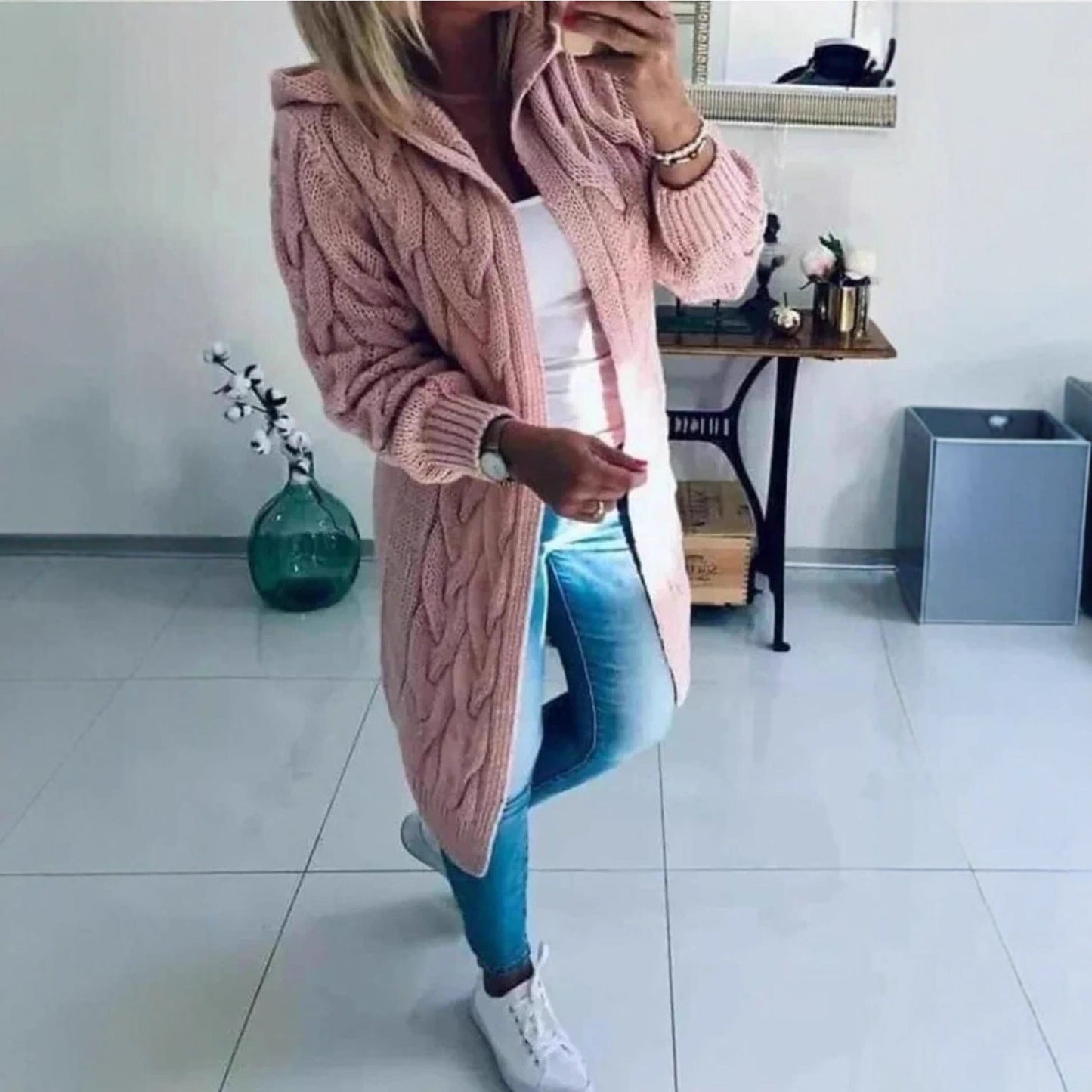 Damen Cardigan Grobstrick Zopfdesign Beige mit Taschen
