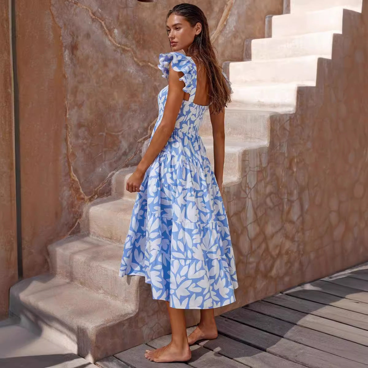 Damen Midi-Kleid Luftig Volantärmel Schwingender Saum Eveloria