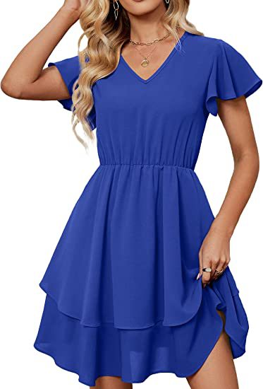 Damen Freizeitkleid Fließender Rock Rüschenärmel Eveloria