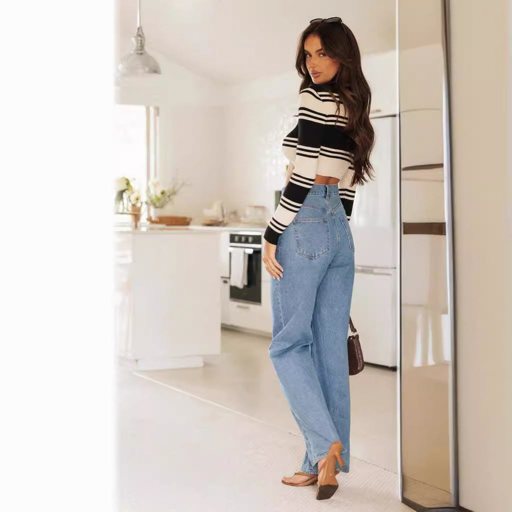 Damen Weite Jeans Hochbund Fransensaum Eveloria