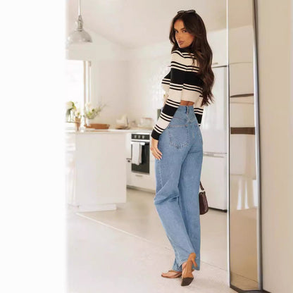 Damen Weite Jeans Hochbund Fransensaum Eveloria