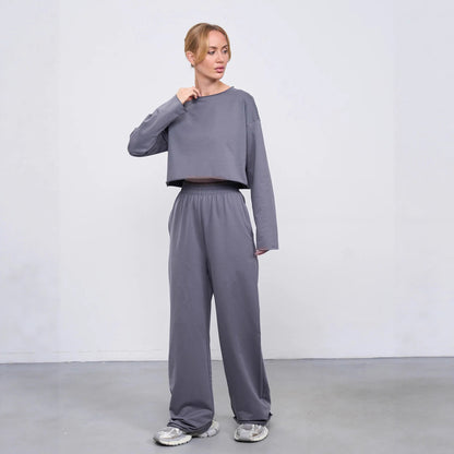 Damen Sweatshirt Set Komfortabel Cropped mit Jogginghose Grau - Eveloria