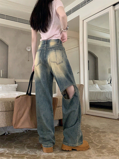 Damen Weite Denim-Hose Asymmetrische Knöpfe Blau Eveloria