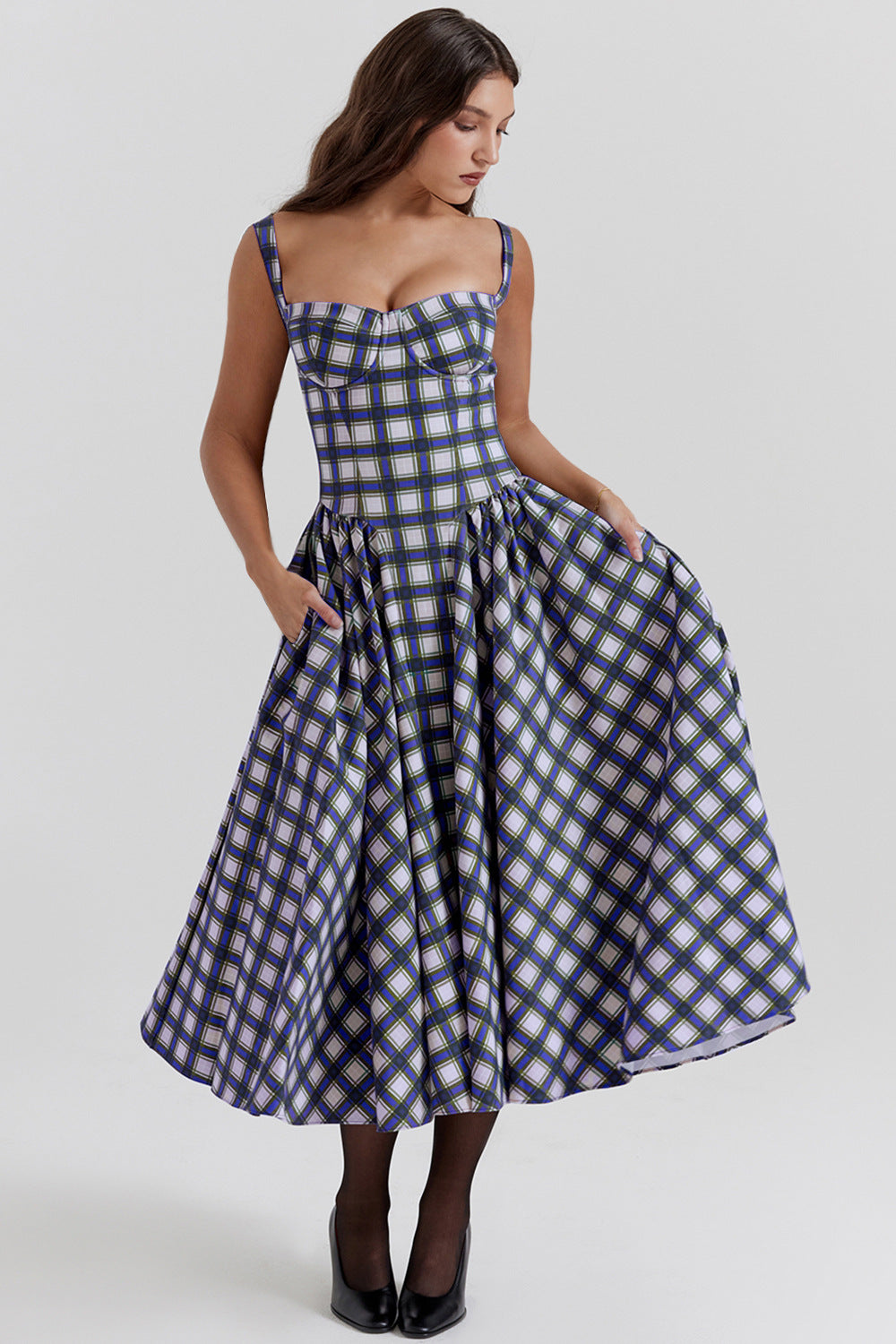 Damen Midikleid Kariert Tiefes Dekolleté Eveloria