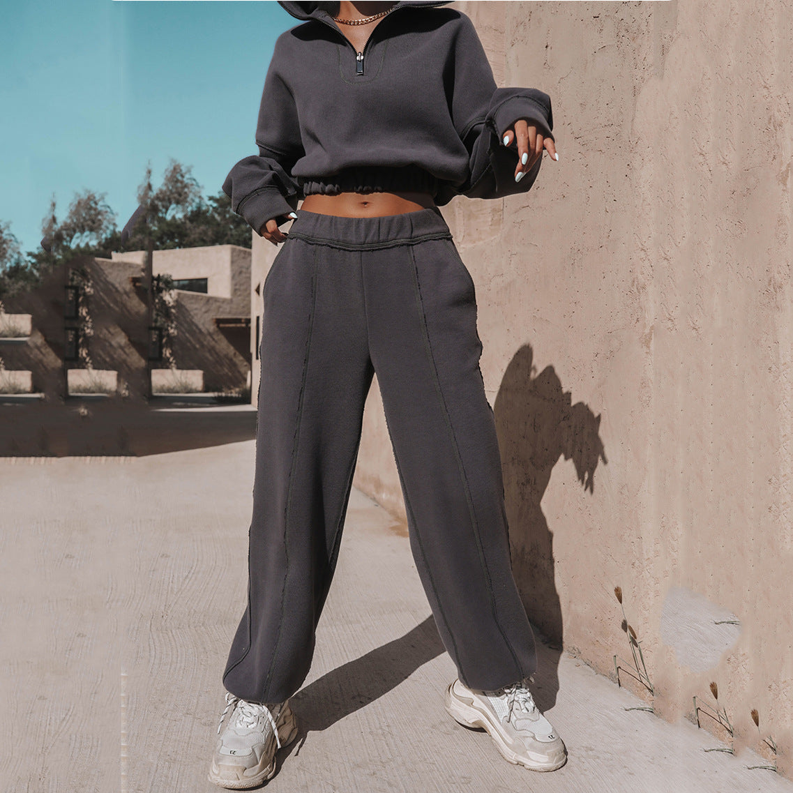 Damen Hoodie Cropped Reißverschluss Gummizug Grau
