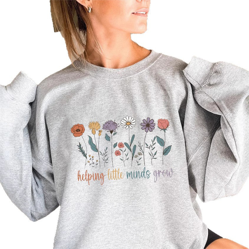 Damen Sweatshirt Voluminöse Ärmel Blumenmotiv Grau