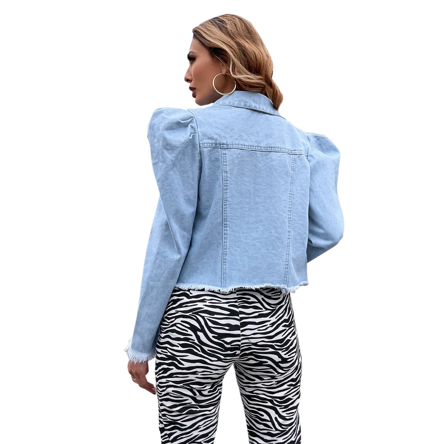 Damen Jeansjacke Puffärmel Dekorative Knöpfe Blau Eveloria
