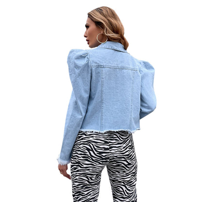 Damen Jeansjacke Puffärmel Dekorative Knöpfe Blau Eveloria