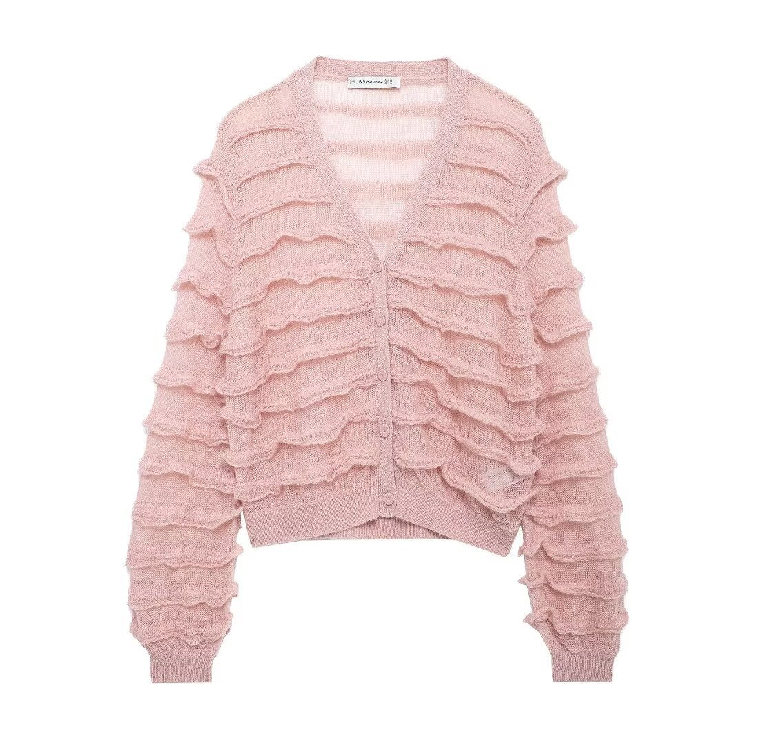 Damen Strickjacke Voluminöse Rüschendetails