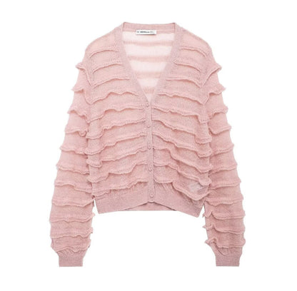 Damen Strickjacke Voluminöse Rüschendetails