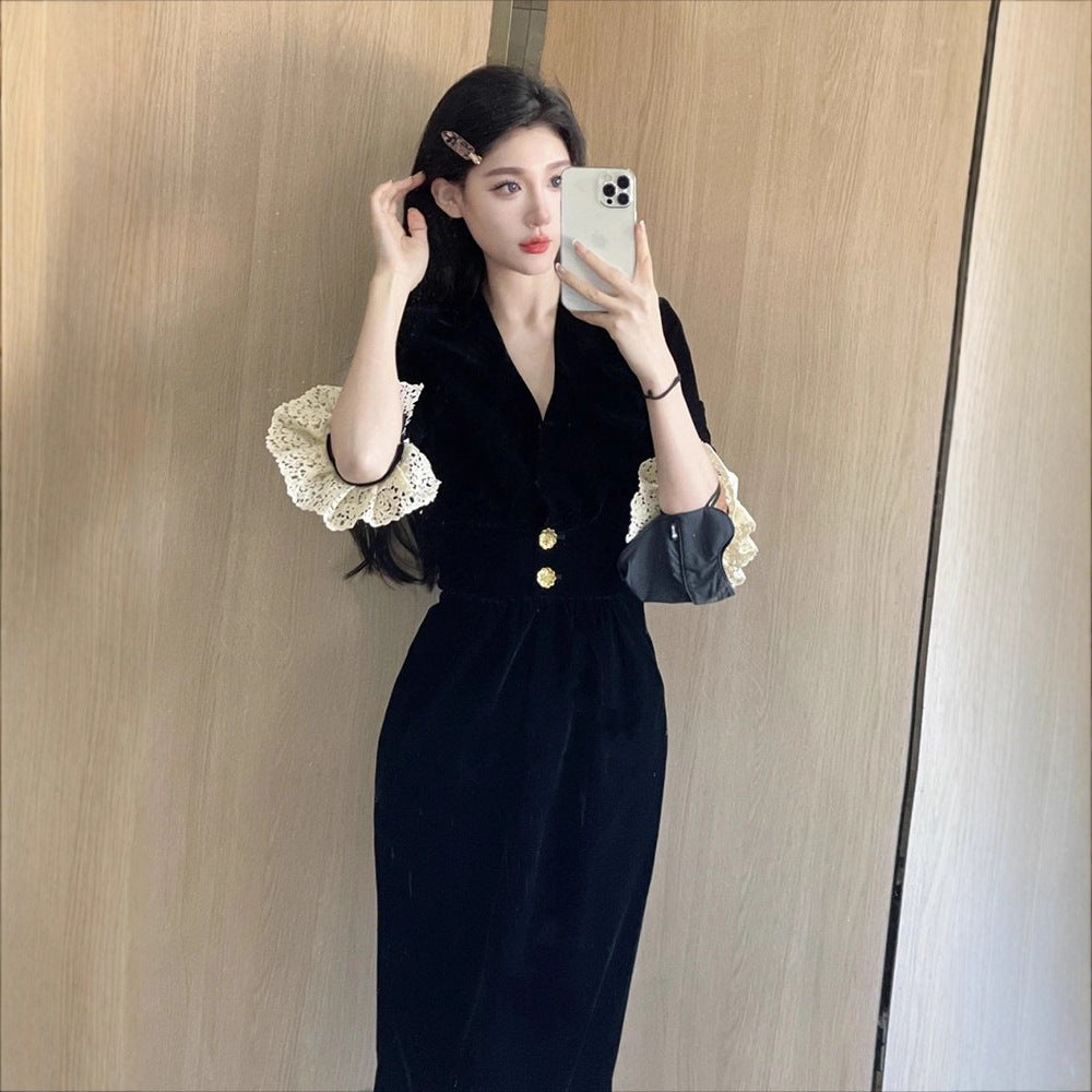 Damen Kleid Spitzenärmel Dekorative Knöpfe Eveloria