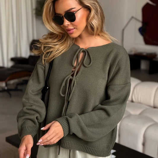 Damen Grobstrickpullover Lässig Bindebänder Beige - Eveloria